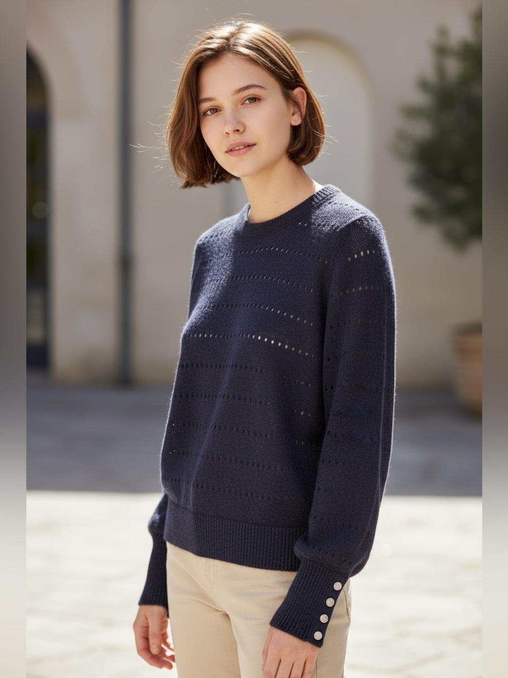 BODEN Jewel Bottom Fluffy Wool Alpaca Navy Eyelet Crew Sweater